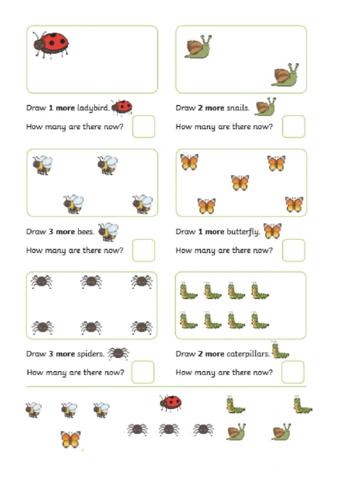 Buzzing Bugs Addition Worksheet for Kindergarten Math Practice 13 Kindergarten student counting buzzing bugs to solve addition problems within ten