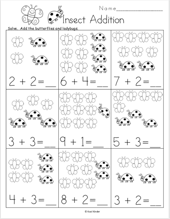 Engaging bug-themed addition practice for kids up to 10 Colorful Buzzing Bugs Addition worksheet for kindergarten students