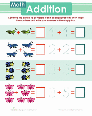 Kindergarten addition math worksheet featuring cute buzzing bugs 11 Buzzing Bugs Addition worksheet for kindergarteners to practice adding numbers up to ten