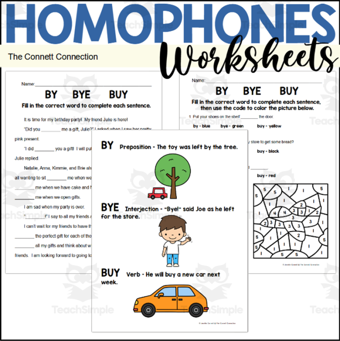 Fourth grade student completing a homophone worksheet about the words by buy and bye