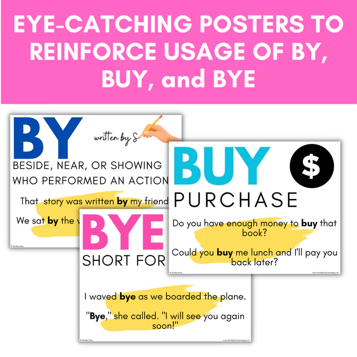A fourth grade worksheet designed to teach students how to choose between the homophones by, buy, and bye.