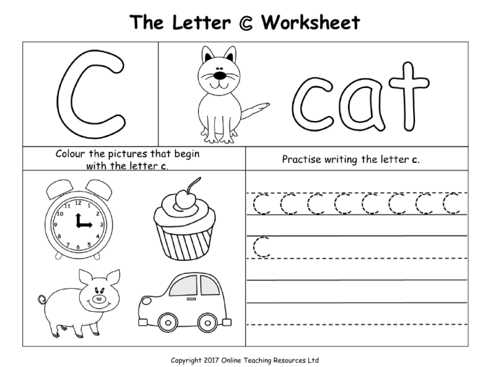 Engaging worksheet image for Pre-K children focusing on alphabet patterns and coloring fun Colorful C Is For... worksheet designed for preschoolers to learn and practice the letter C sounds