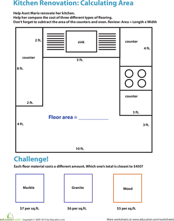 A 4th grade student using a pencil to calculate the area of a kitchen floor on a math worksheet