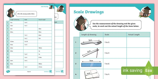 Seventh grade student working through scale drawing problems to calculate actual object dimensions