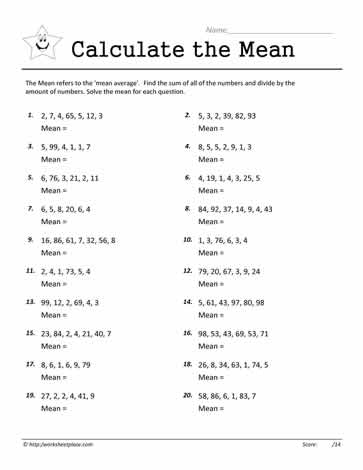Sixth grade math worksheet for practicing how to calculate the mean of a data set