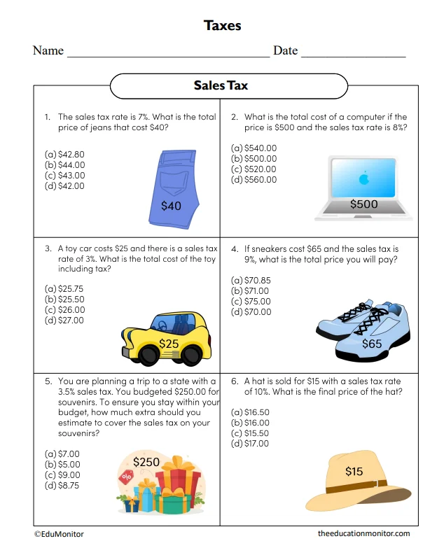 Calculating Sales Tax Worksheet for Seventh Grade Math Practice 6 Seventh grade student calculating the total cost of baseball stadium snacks including sales tax