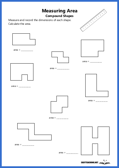 Third grade student using the Shady Shapes area worksheet to count unit squares inside geometric figures