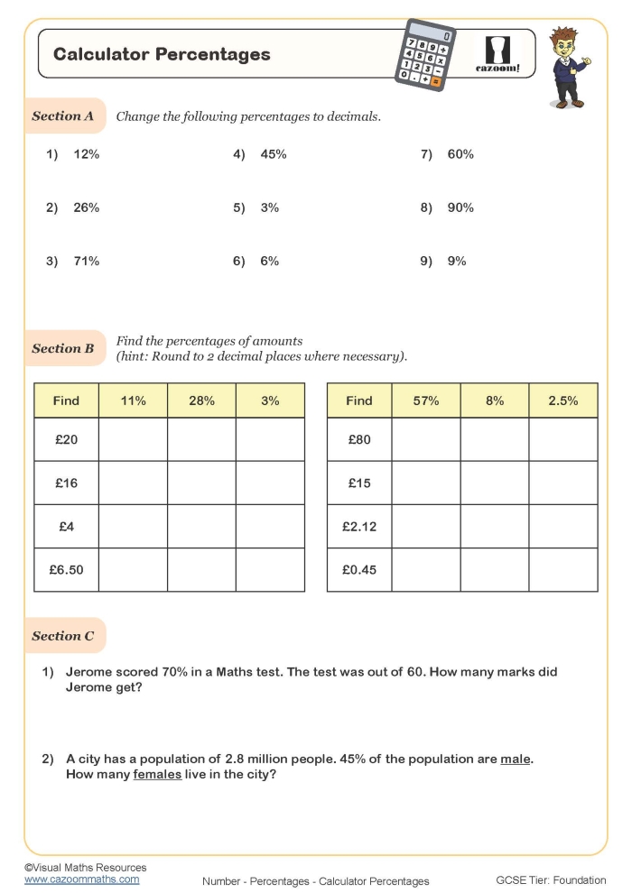 Sixth grade student working on a Calculating Percentages Maze worksheet to improve math and handwriting skills