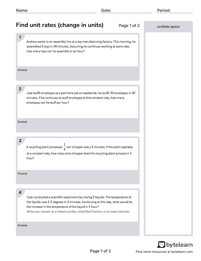 Worksheet featuring problems on calculating unit prices for sixth graders