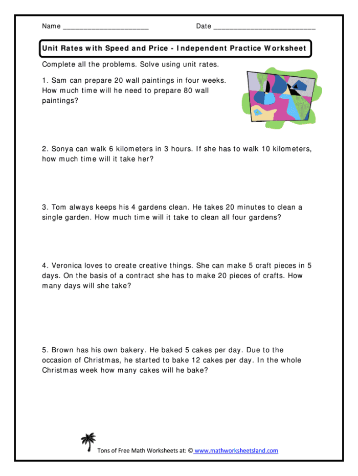 Worksheet featuring unit price calculation problems for sixth graders