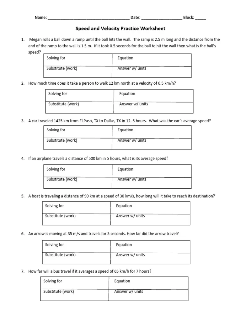Worksheet for calculating velocity using time and distance concepts for seventh graders