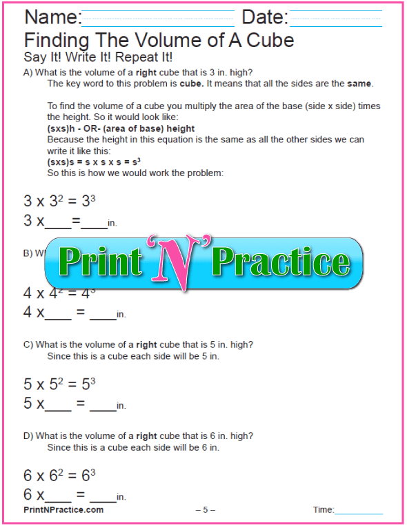 Base and Volume worksheet for fifth graders featuring objects for volume calculation