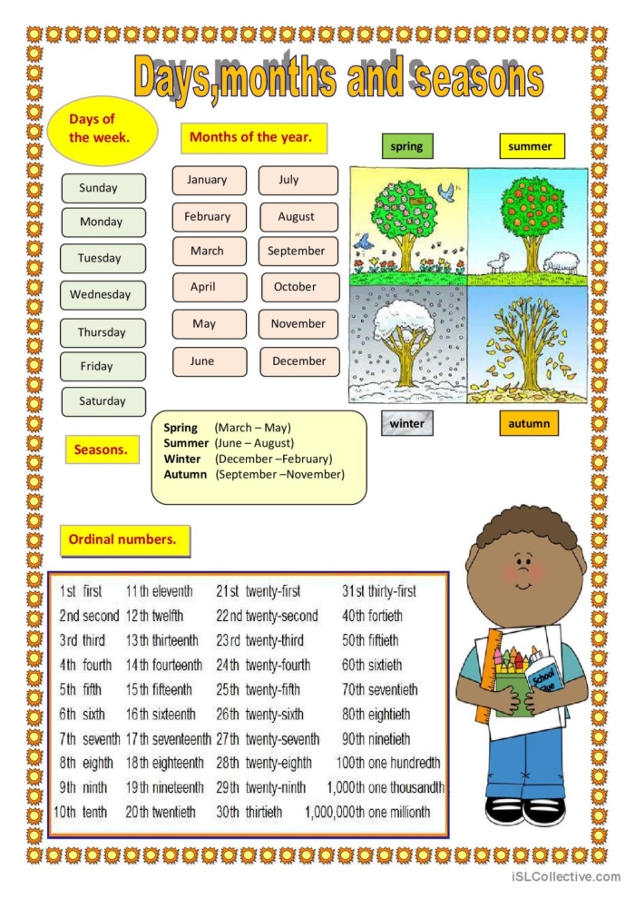 First grade worksheet for students to practice identifying days of the week, months of the year, and seasonal changes.