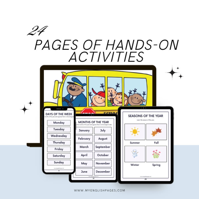 First grade worksheet showing calendar activities for learning days of the week, months, and seasons with simple assessment questions