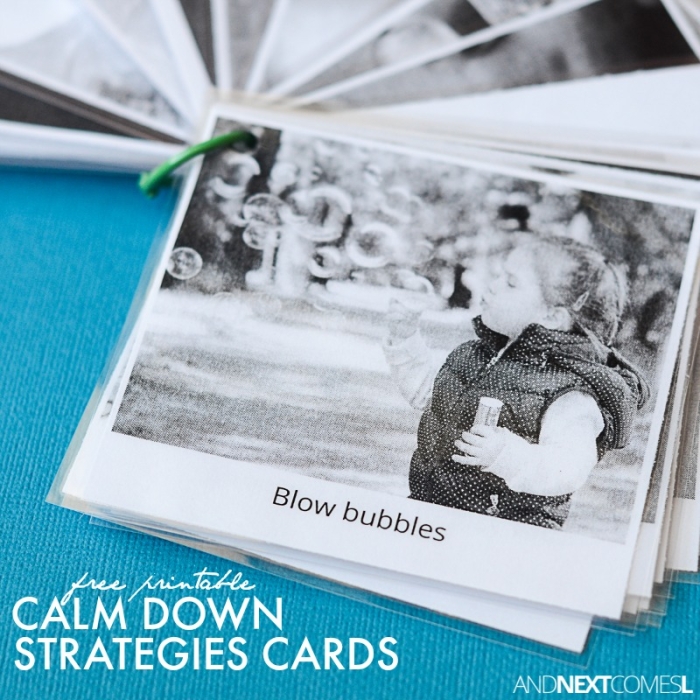 Worksheet image illustrating methods for young children to cope with overwhelming feelings Calm Down Cards for Young Children worksheet featuring colorful self-regulation tools for managing emotions