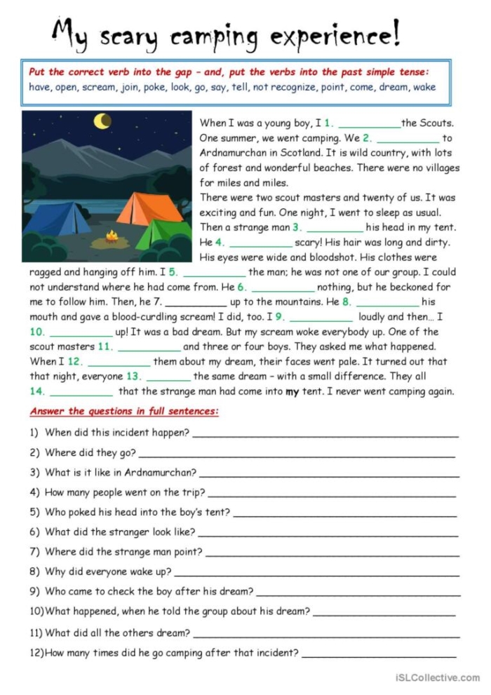 Crazy Stories Camping Adventure Worksheet for Third Grade Fractions Third grade student completing a camping themed fill in the blanks math and language arts worksheet