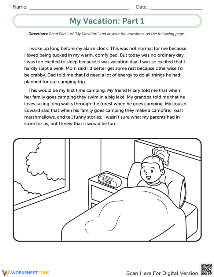 A third grade student worksheet showing a camping vacation scene with ratios and proportions activities for reading comprehension practice