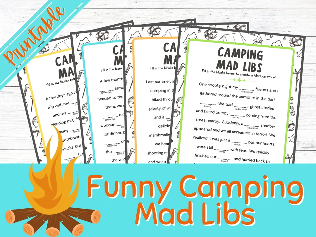 Crazy Stories Camping Adventure Worksheet 18 for Third Grade Fractions Practice Third grade student completing a camping adventure fill-in-the-blanks worksheet with fraction practice problems and missing words to complete the story