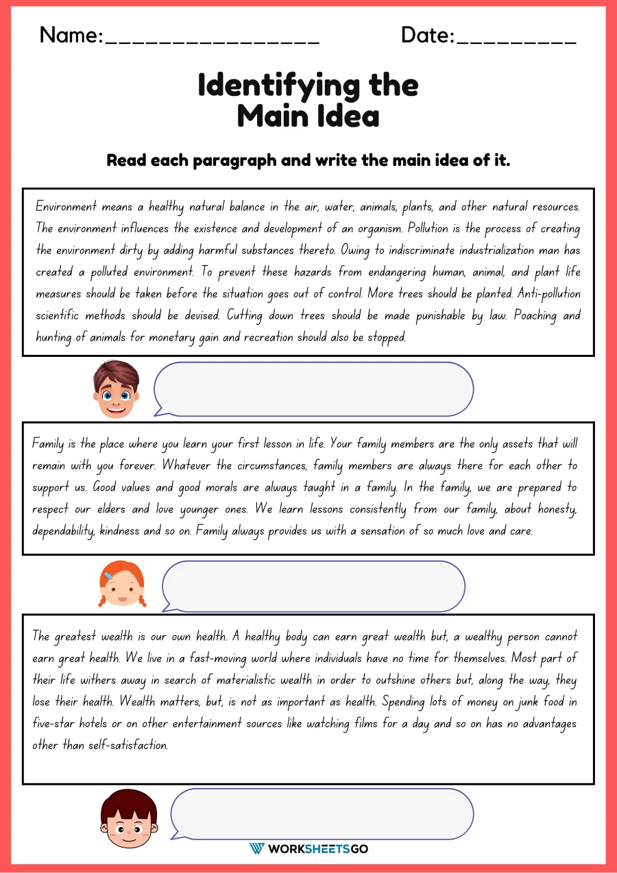 Worksheet image demonstrating how to identify the main idea and supporting details in a text. Can You Spot the Main Idea? worksheet for fifth graders.