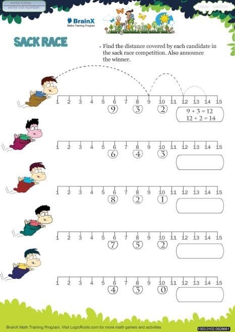 A colorful worksheet featuring addition and subtraction problems set in a candy store theme for second graders