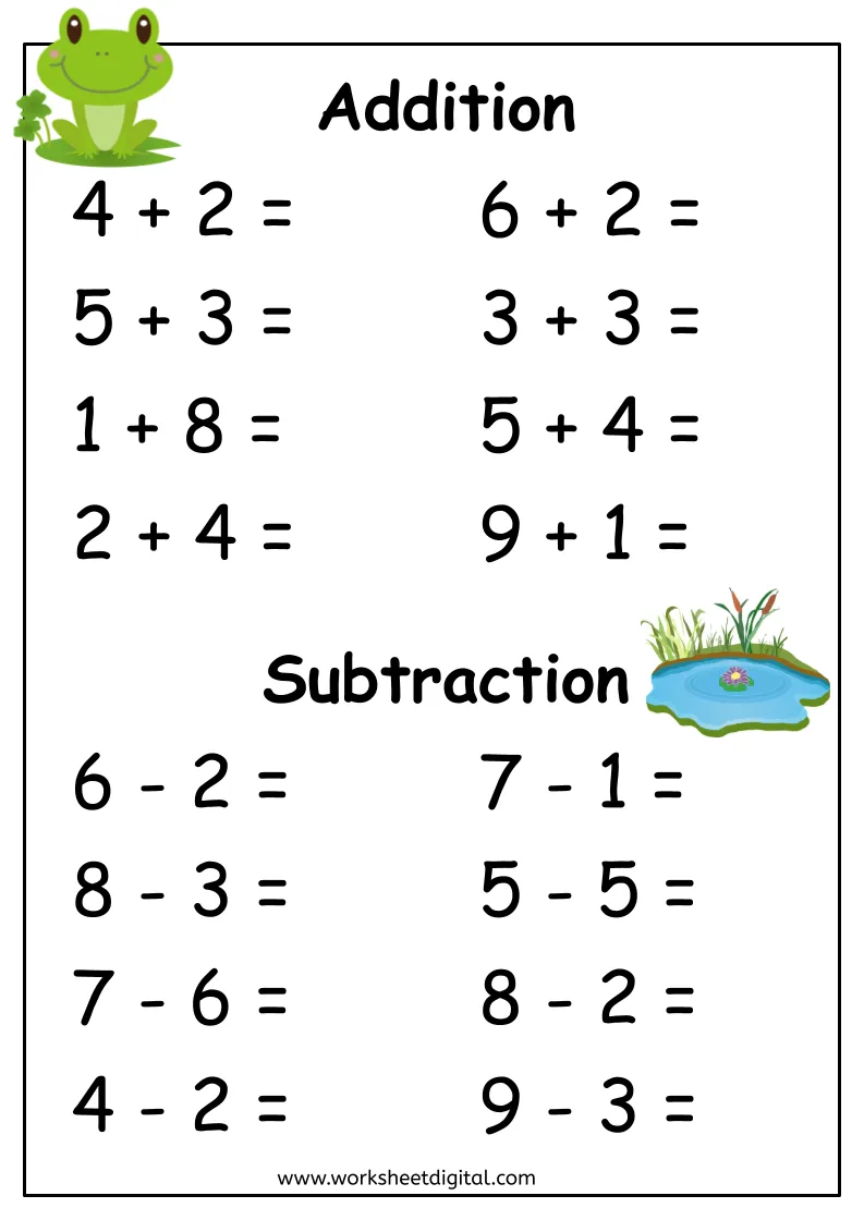 Colorful worksheet featuring addition and subtraction problems set in a candy store theme for second graders