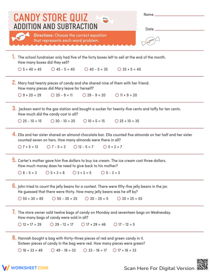 Candy Store Quiz worksheet featuring addition and subtraction word problems for second graders