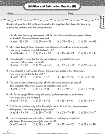 Colorful worksheet featuring addition and subtraction problems set in a candy store theme for second graders