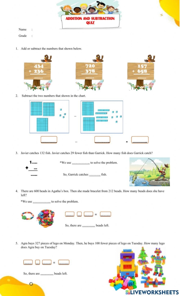 Colorful worksheet featuring candy-themed addition and subtraction problems for second graders