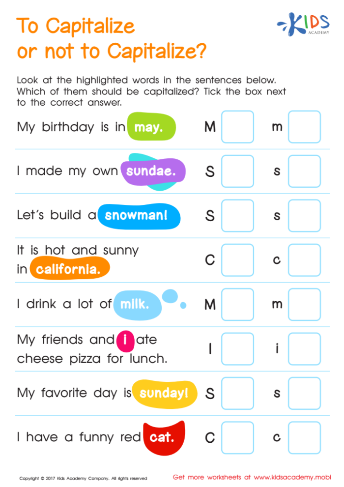 First grade printable worksheet for practicing capital letters in geometry sentences