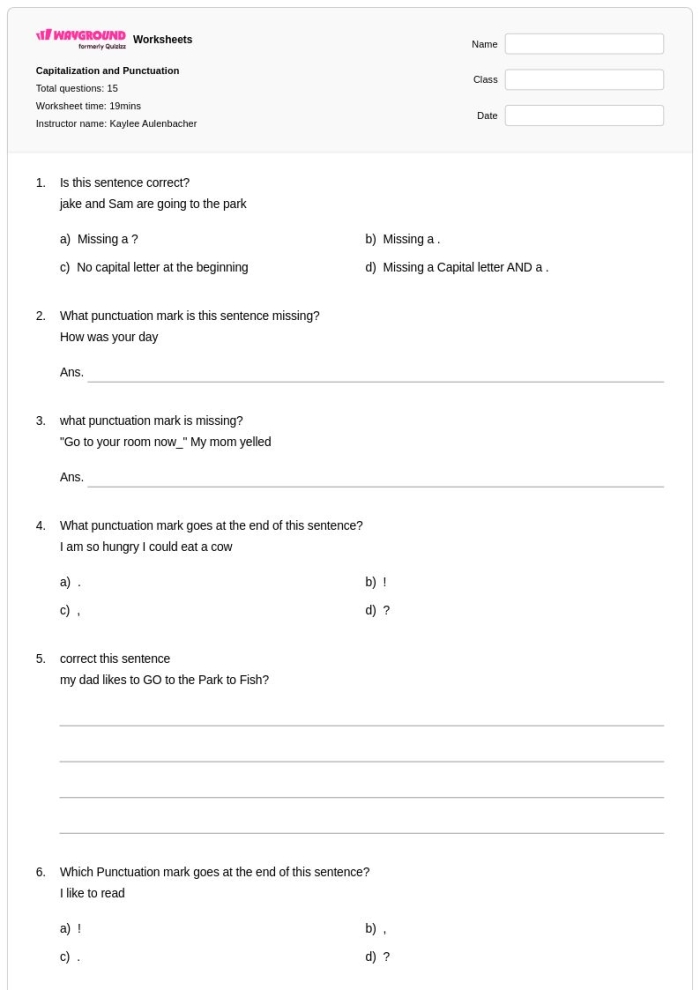 Time and Money worksheet for Fifth Grade Fifth-grade students working on the Capitalization Check-In worksheet to improve their writing skills. Image of a worksheet featuring sentences for kids to rewrite and practice capitalization rules.
