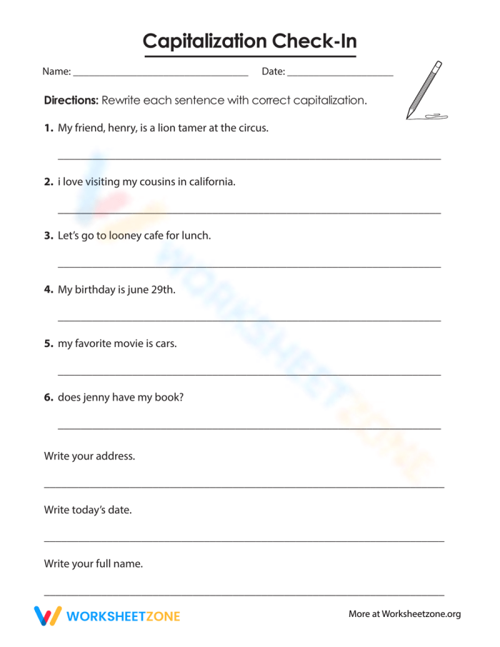 Worksheet image showcasing capitalization practice for young learners Capitalization Check-In worksheet for fifth graders focusing on sentence rewriting