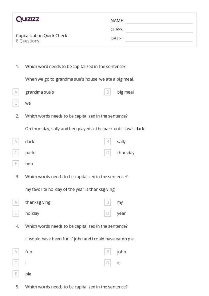 Time and Money worksheet for Fifth Grade Worksheet image for Capitalization Check-In, where fifth graders rewrite sentences to practice capitalization. Capitalization Check-In worksheet for students to enhance their writing skills.