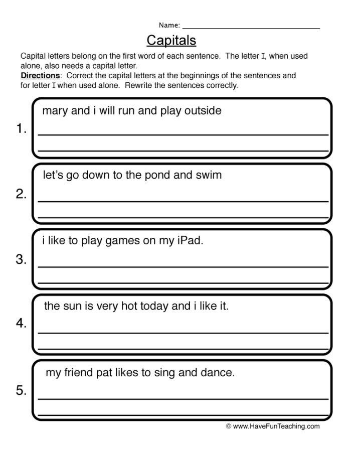 Time and Money worksheet for Fifth Grade Fifth-grade students engage with the Capitalization Check-In worksheet, rewriting sentences to practice capitalization skills. Image showcasing the Capitalization Check-In worksheet for enhancing grammar in time and money lessons.