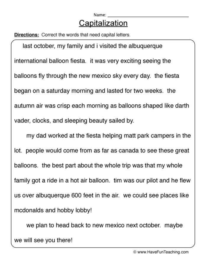 Capitalization Check-In worksheet for Time and Money activities in fifth grade Worksheet featuring fifth graders practicing capitalization by rewriting sentences