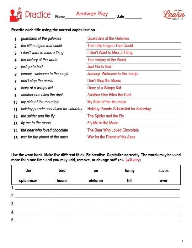 Capital! Capitalizing Titles Worksheet for Fourth Grade Students Worksheet for practicing capitalization rules in titles