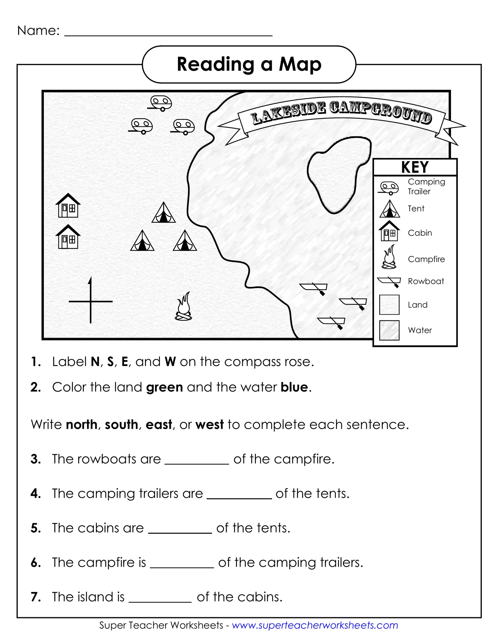 First grade student completing a map reading worksheet to practice cardinal directions