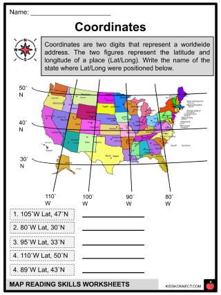 First grade student practicing cardinal directions with an illustrated map reading worksheet