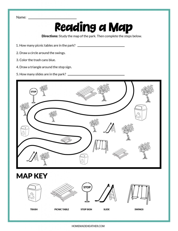 First grade student practicing cardinal directions with a colorful map reading worksheet