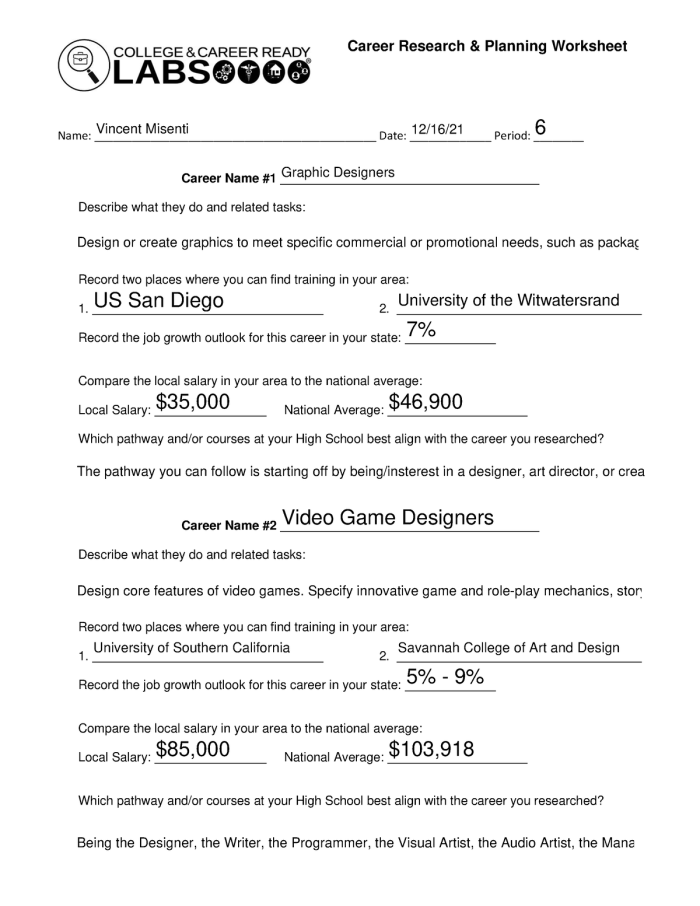 Sixth grade student graphic organizer for researching a dream career worksheet 24