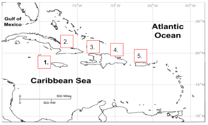 Caribbean Islands Map worksheet for fourth graders to identify countries and locations. Engaging geography activity for young learners to explore the Caribbean region.