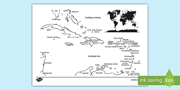 Fourth grade geography worksheet featuring a blank map of the Caribbean Islands for students to label