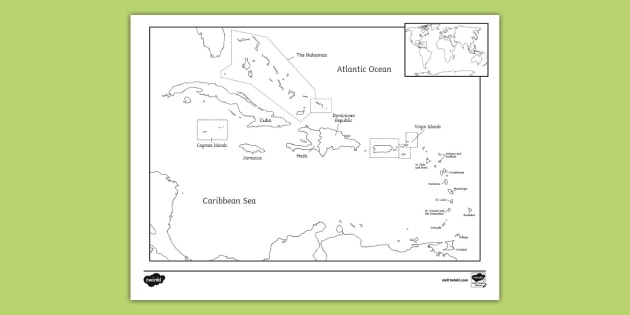 Fourth grade geography worksheet featuring a blank map of the Caribbean Islands for students to label