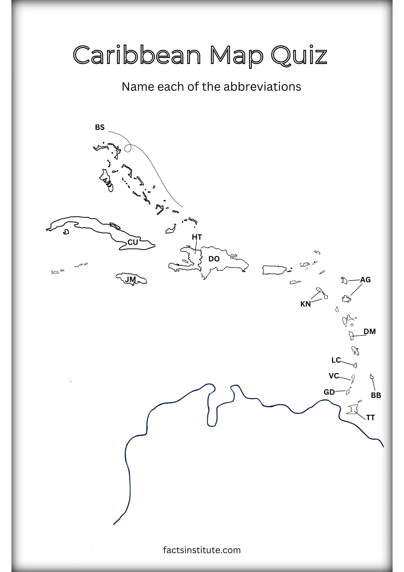 Map of Caribbean Islands for fourth-grade geography worksheet
