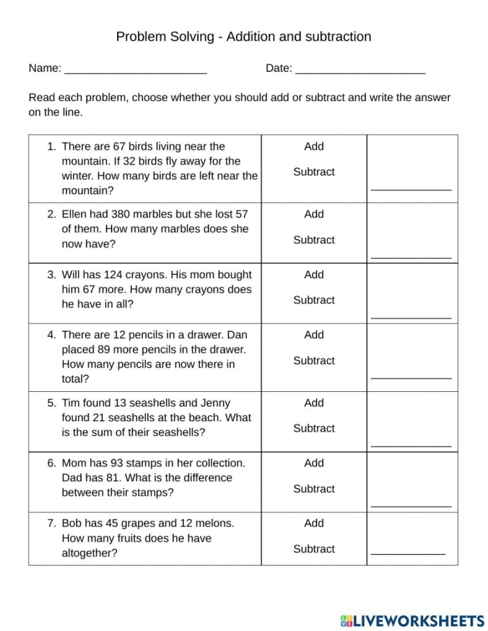 Second grade student solving carnival themed double digit addition and subtraction word problems worksheet 22