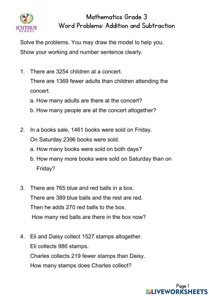 Carnival-themed worksheet featuring addition and subtraction word problems for second graders