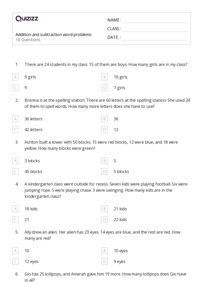 Carnival-themed worksheet featuring second graders solving addition and subtraction word problems