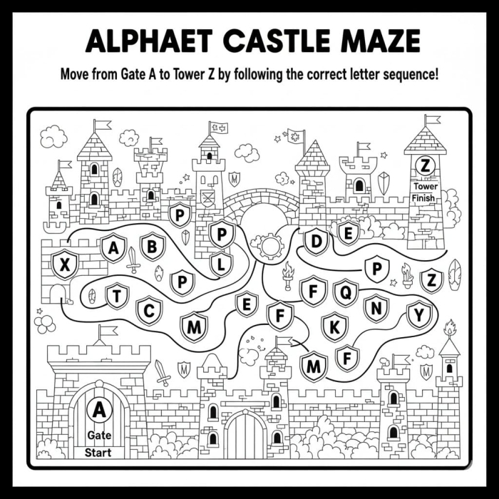 Kindergarten student solving a colorful castle maze worksheet to practice reading skills