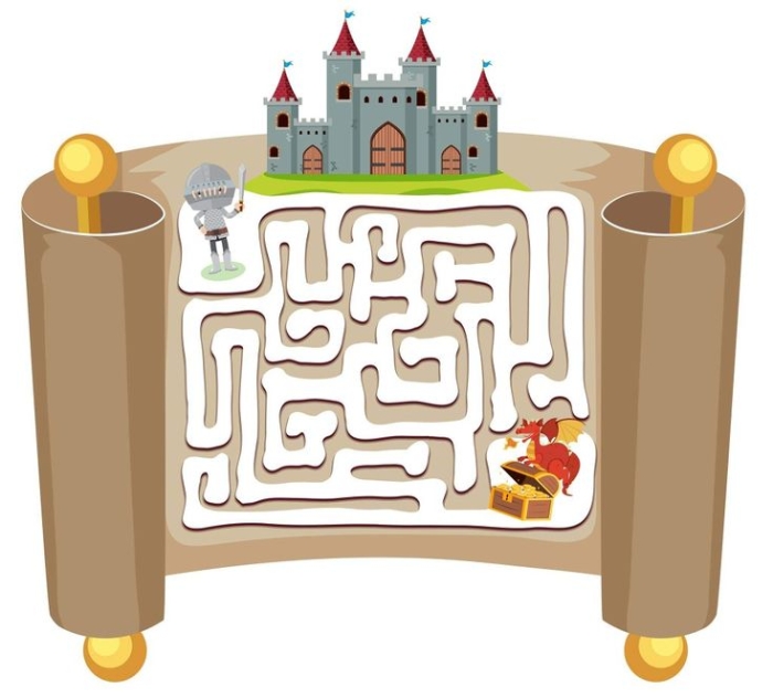 A colorful castle maze worksheet for kindergarten kids to navigate through