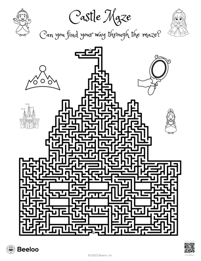Kindergarten student navigating a path through the five-level castle maze worksheet