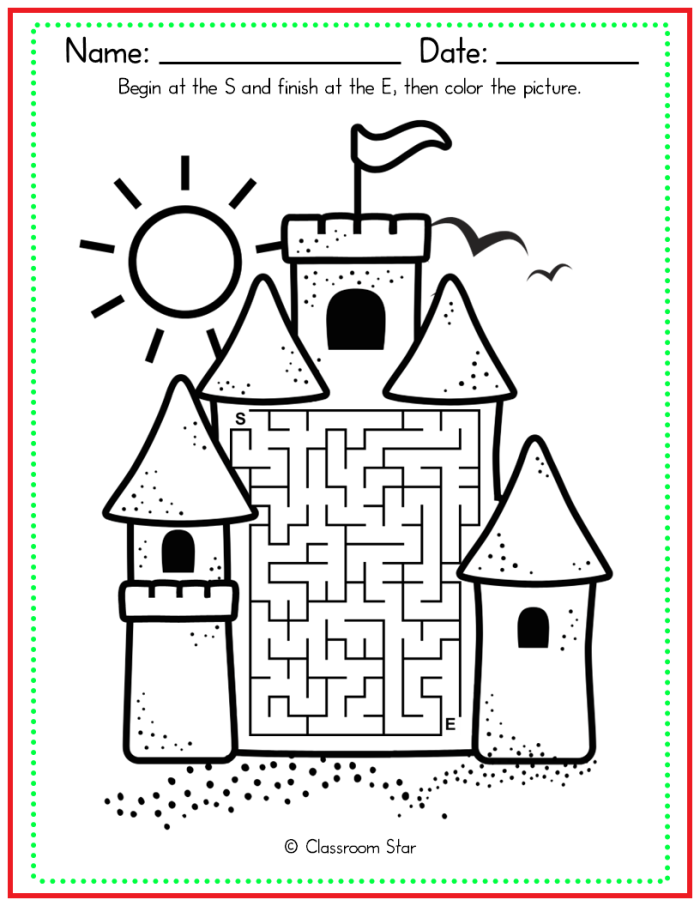 Castle Maze worksheet for kindergarten students to explore and solve